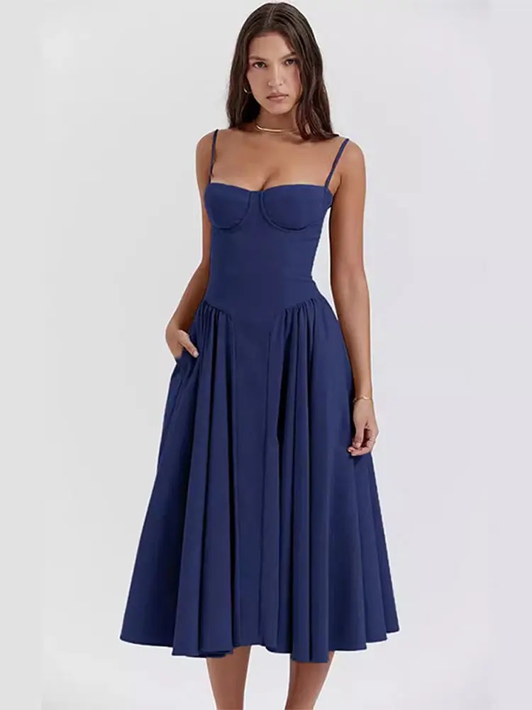 Vestido midi azul marinho