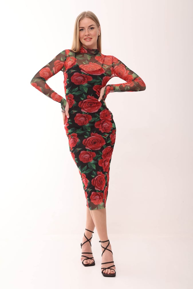 Vestido midi tecido com rosas