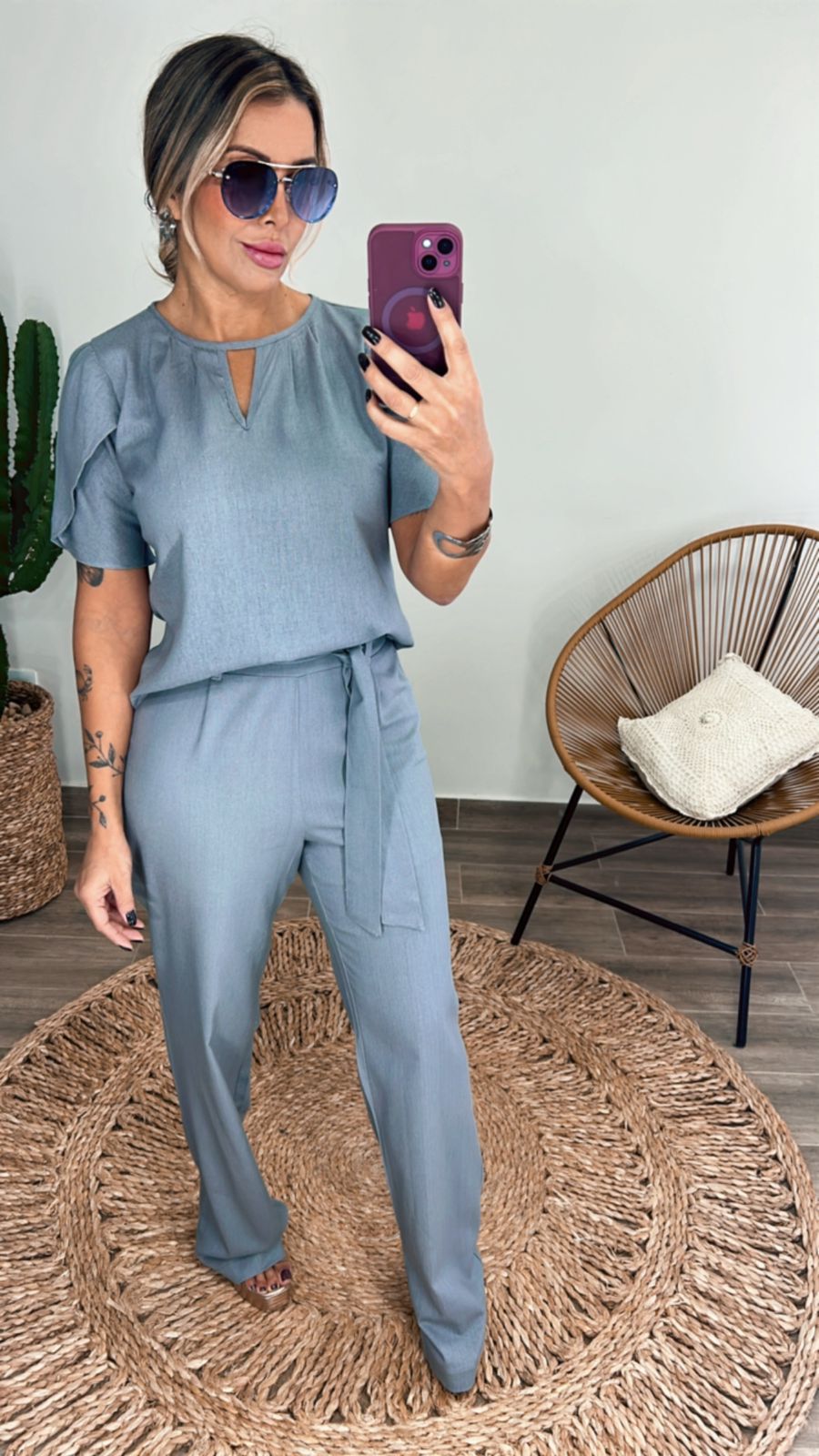 Conjunto de linho azul sereno