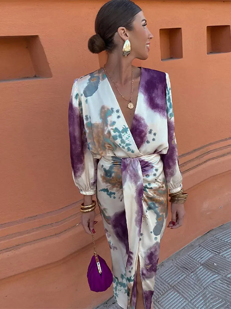 Vestido midi estampado roxo
