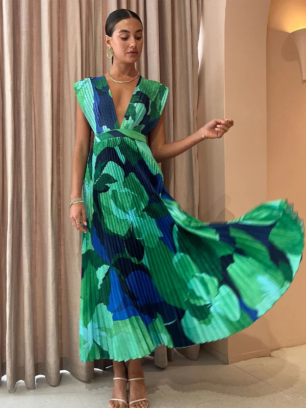 Vestido longo plissado verde e azul