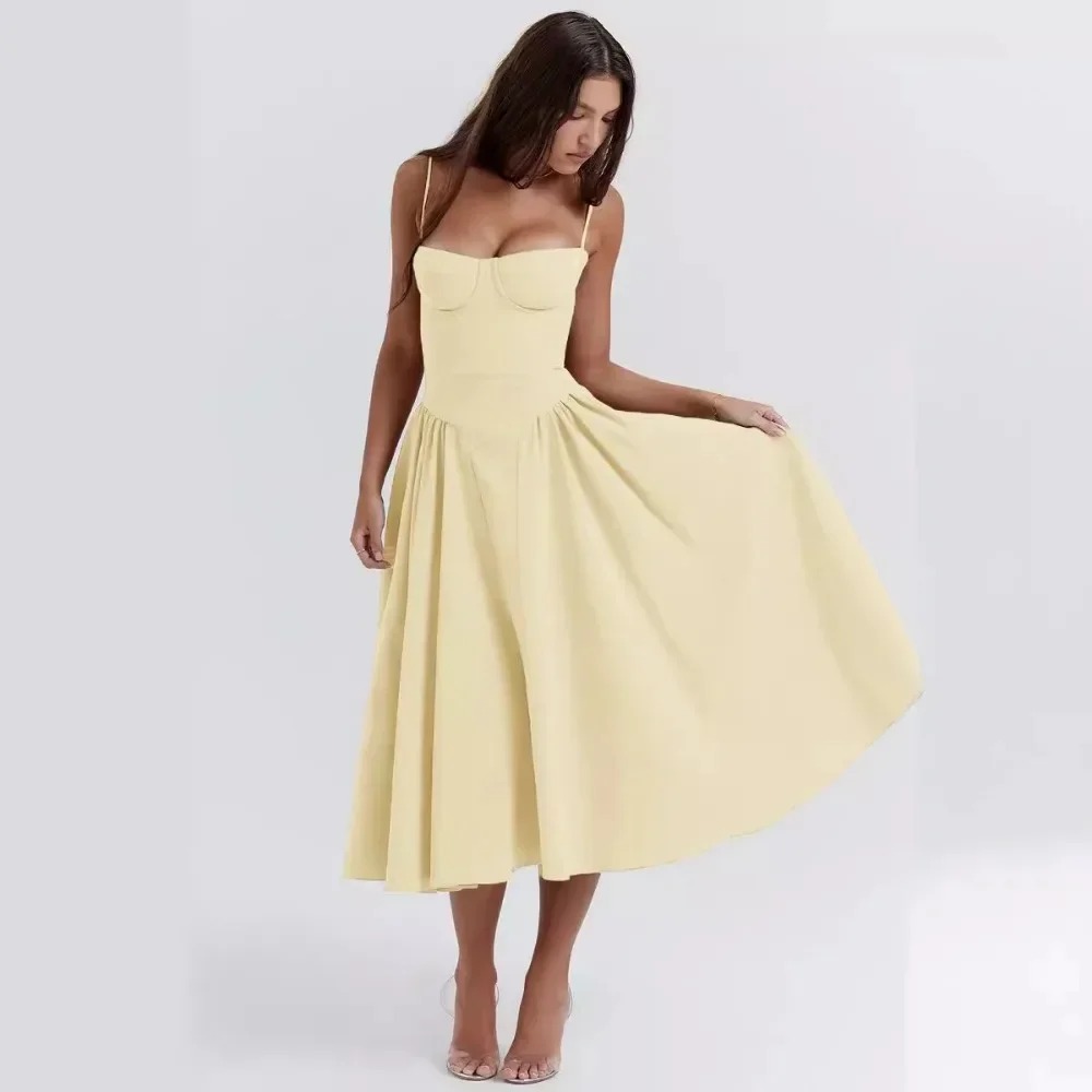 Vestido midi amarelo com alças finas
